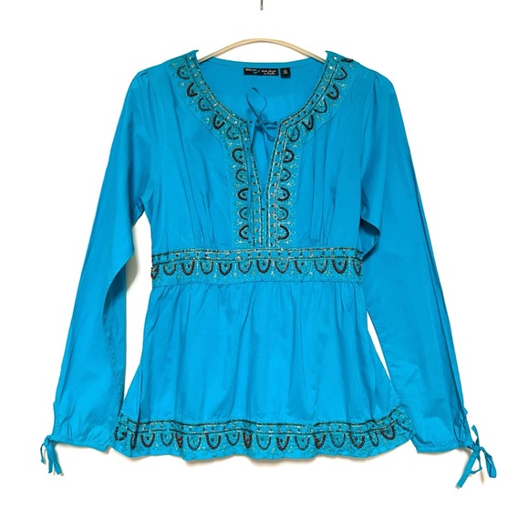 BCIH Boho Tunic Top Beaded Sequins Embellished Blue Hippie Festival Fairy Y2K LG - Picture 1 of 13